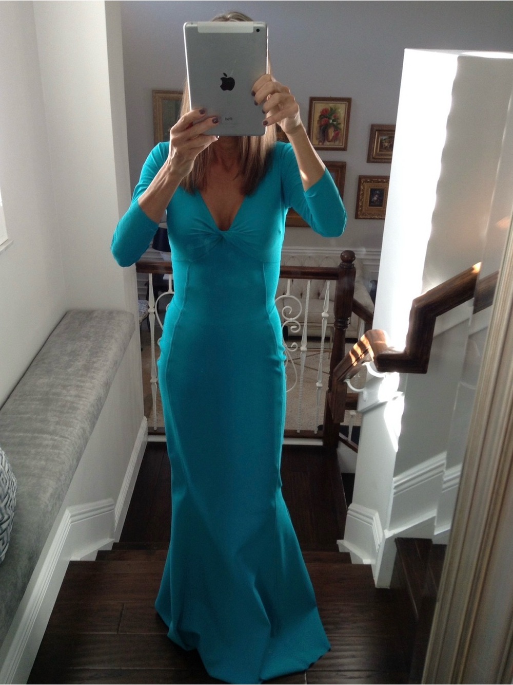 Chiara Boni Teal Long-Sleeve V-Neck Gown Size 4